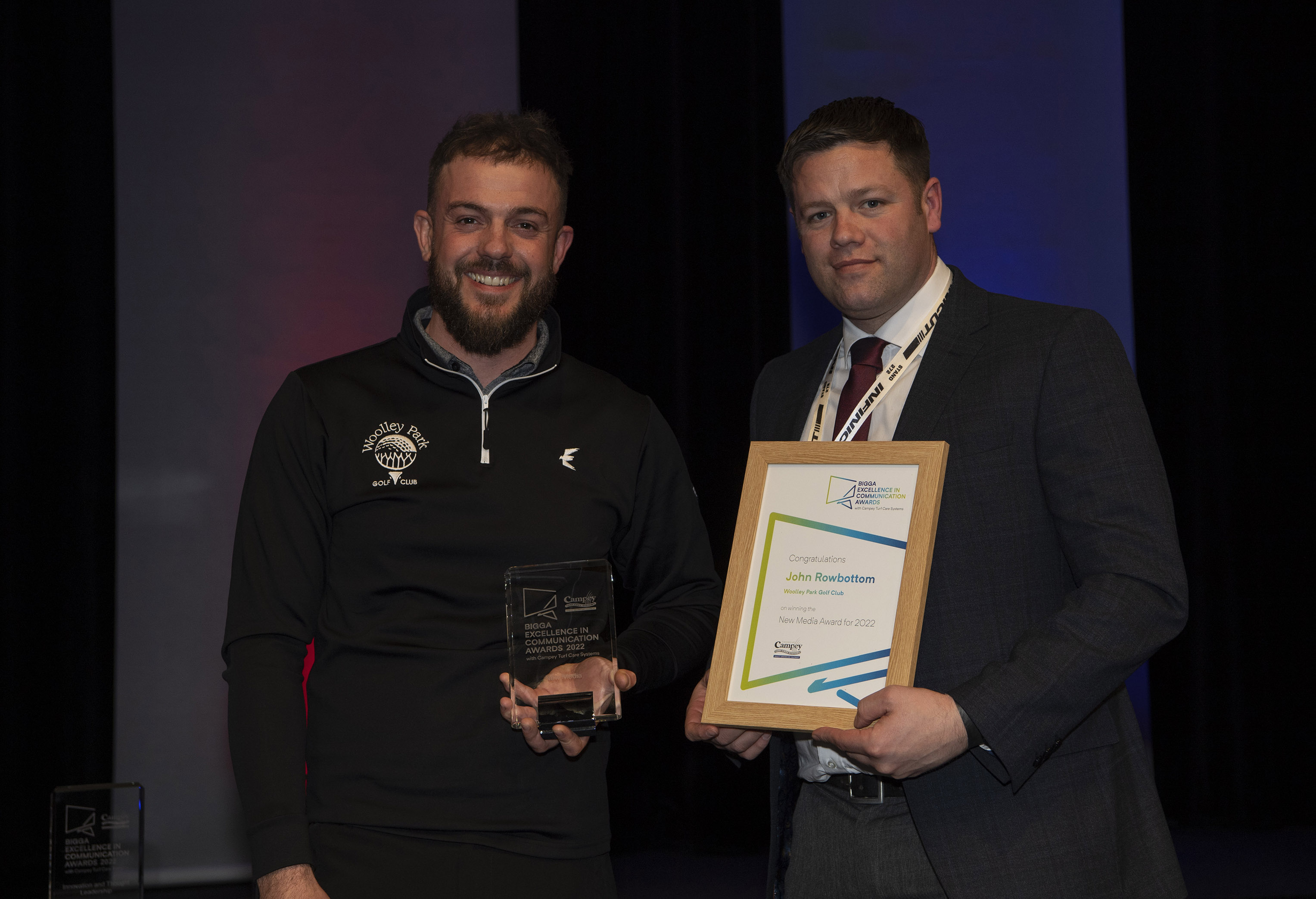 John Rowbottom (left) was presented with the New Media Award by Lee Morgado of Campey Turf Care Systems